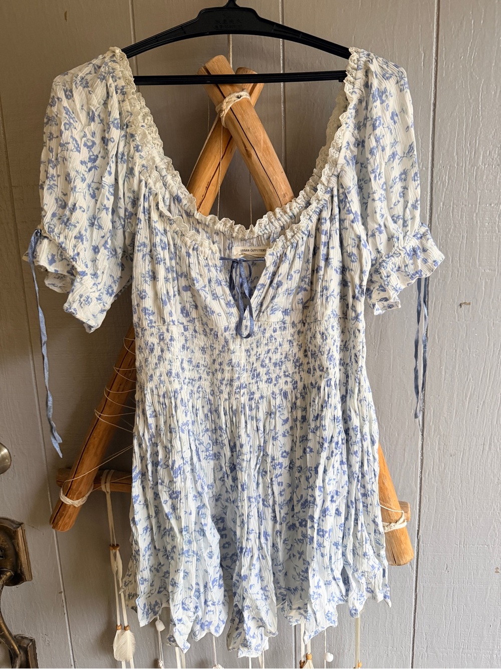 Urban Outfitters White and Light Blue Floral Peasant Dress